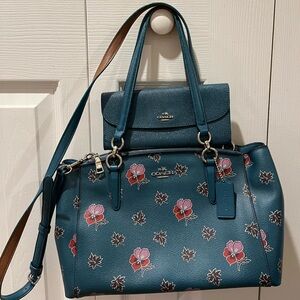 COACH CHRISTIE CARRYALL WILDFLOWER COATED CANVAS & SLIM WALLET SILVER/DARK TEAL